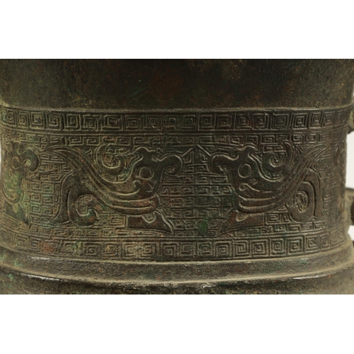 218 - A LARGE CHINESE MING DYNASTY SQUARE SECTION TWO-HANDLED BRONZE BALUSTER VASE with dragon decorated f... 