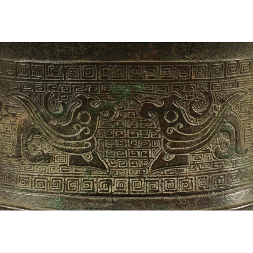 218 - A LARGE CHINESE MING DYNASTY SQUARE SECTION TWO-HANDLED BRONZE BALUSTER VASE with dragon decorated f... 