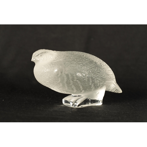 22 - A LALIQUE FRANCE FROSTED GLASS BIRD SCULPTURE modelled as a crouched Partridge - engraved signature ... 