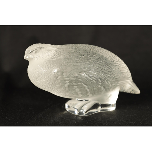 22 - A LALIQUE FRANCE FROSTED GLASS BIRD SCULPTURE modelled as a crouched Partridge - engraved signature ... 