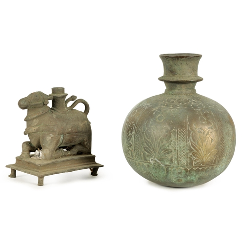 221 - A 19TH CENTURY ISLAMIC BRONZE CIRCULAR BULBOUS ENGRAVED VASE together with AN ORIENTAL CENSER DEPICT... 