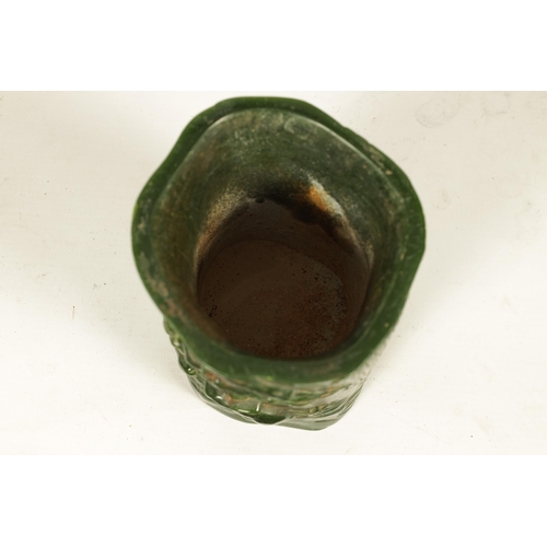 224 - A CHINESE SPANISH GREEN JADE BRUSH POT of naturalistic form with chinese script (13cm high 12cm wide... 