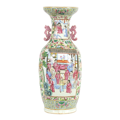 228 - AN EARLY 20TH CENTURY CHINESE FAMILLE ROSE PORCELAIN VASE of baluster form having scenic panels amon... 