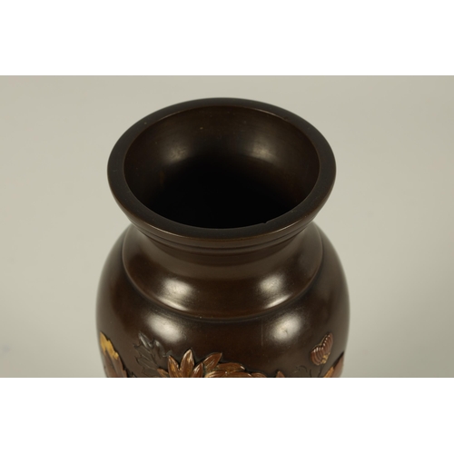 229 - A JAPANESE MEIJI PERIOD MIXED METAL BRONZE BALUSTER VASE with flared neck and tapering body, engrave... 