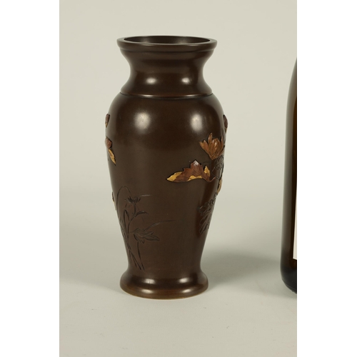 229 - A JAPANESE MEIJI PERIOD MIXED METAL BRONZE BALUSTER VASE with flared neck and tapering body, engrave... 