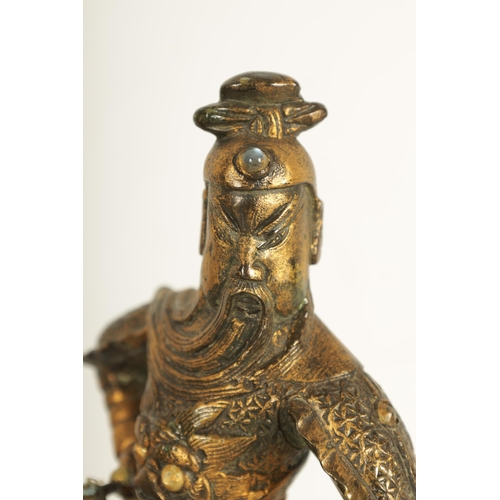 230 - A PAIR OF GILT BRONZE 18TH CENTURY STYLE CHINESE EQUESTRIAN FIGURES of mounted warriors with jewelle... 