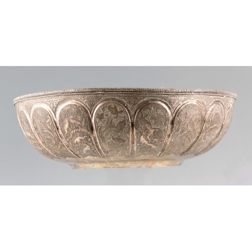 233 - A 19TH CENTURY EASTERN SILVERED BRONZE BOWL finely decorated with panels of woodland animals - signe... 