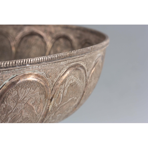 233 - A 19TH CENTURY EASTERN SILVERED BRONZE BOWL finely decorated with panels of woodland animals - signe... 