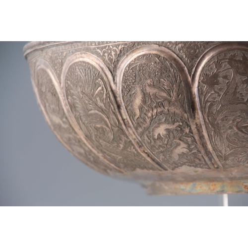 233 - A 19TH CENTURY EASTERN SILVERED BRONZE BOWL finely decorated with panels of woodland animals - signe... 