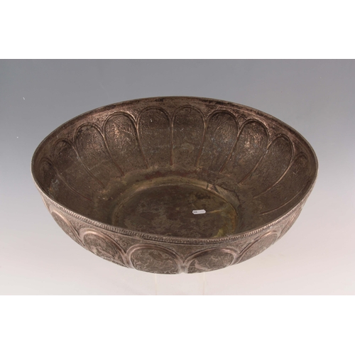 233 - A 19TH CENTURY EASTERN SILVERED BRONZE BOWL finely decorated with panels of woodland animals - signe... 