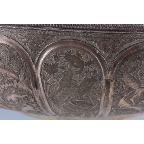 233 - A 19TH CENTURY EASTERN SILVERED BRONZE BOWL finely decorated with panels of woodland animals - signe... 