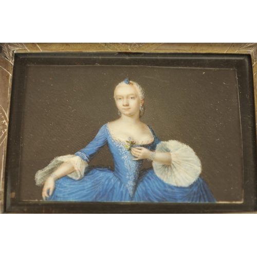 240 - AN 18TH CENTURY CONTINENTAL MINIATURE HALF LENGTH PORTRAIT OF A LADY in blue dress - mounted in an e... 