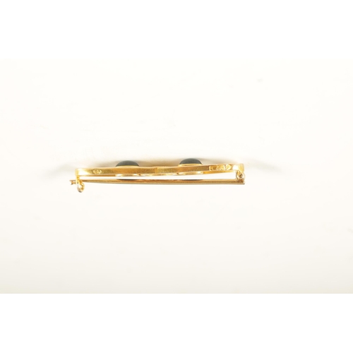 247 - A LATE 19TH CENTURY FABERGE 14CT GOLD AND SAPPHIRE BAR BROOCH IN ORIGINAL BOX having two interlinked... 