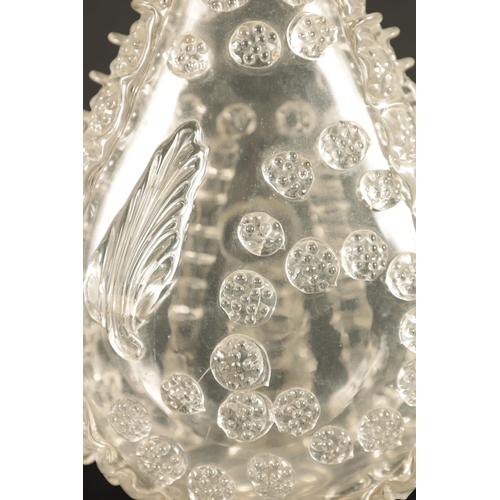 25 - AN 18TH CENTURY LARGE TAPERING CLEAR GLASS FLASK of footed flattened ovoid form with a ringed neck a... 