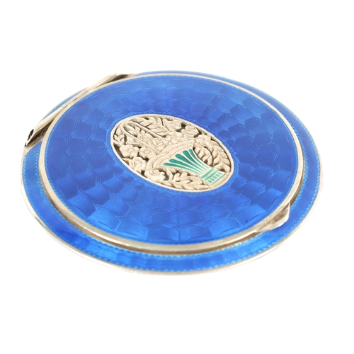 254 - AN MID 20TH CENTURY AUSTRIAN .935 SILVER AND GUILLOCHE ENAMEL POWDER COMPACT the lid with rich blue ... 