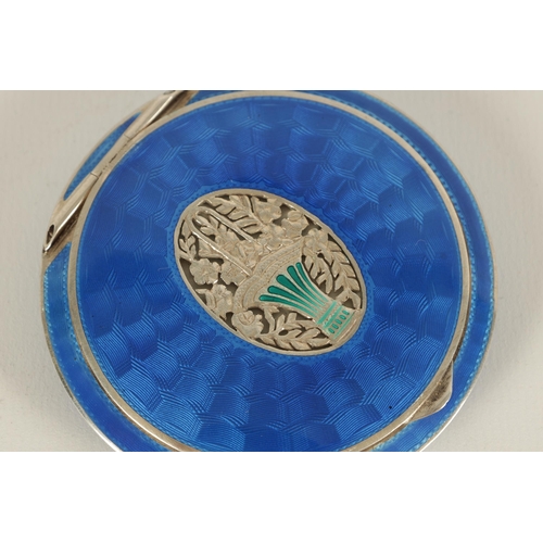 254 - AN MID 20TH CENTURY AUSTRIAN .935 SILVER AND GUILLOCHE ENAMEL POWDER COMPACT the lid with rich blue ... 