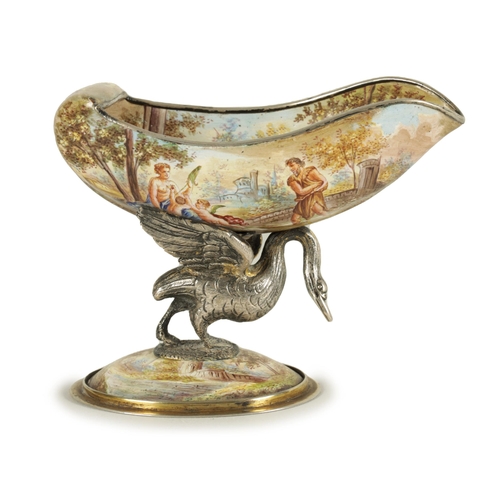 256 - A 19TH CENTURY VIENNESE SILVER AND ENAMEL TABLE SALT of shell form supported by a silver swan mounte... 