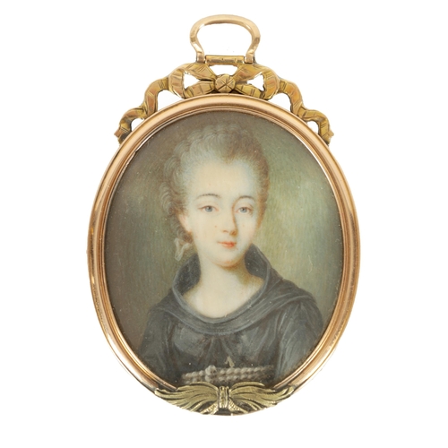 260 - AN 18TH CENTURY FRENCH MINIATURE PORTRAIT OF MADAME DU BARRY in Clerical Garb - mounted in a gold me... 