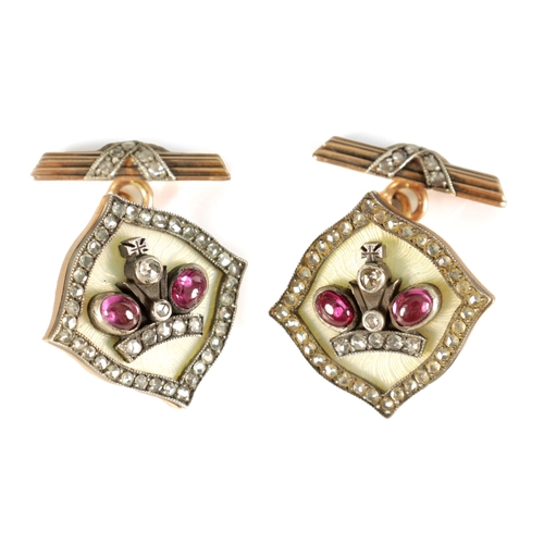 270 - A PAIR OF 14CT GOLD GUILLOCHE ENAMEL DIAMOND AND RUBY CUFFLINKS IN HOLLY WOOD BOX MARKED FABERGE the... 