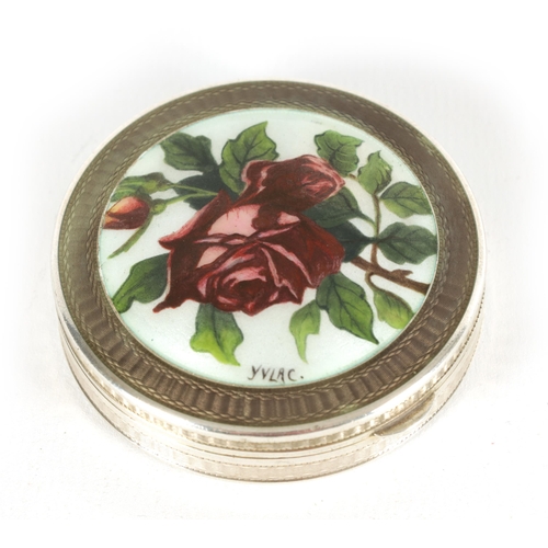 271 - AN EARLY 20TH CENTURY FRENCH SILVER AND ENAMEL PILL BOX decorated with a spray of red roses on a lig... 