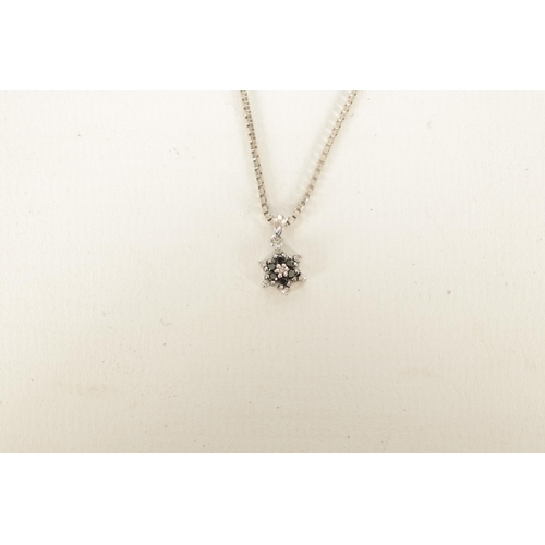 283 - A SET OF VINTAGE 9CT WHITE GOLD BLACK DIAMOND NECKLACE AND EARRINGS with six-point stars on a square... 