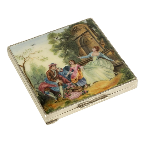 295 - AN ASPREY, LONDON SILVER AND ENAMEL SQUARE POWDER COMPACT the hinged lid decorated with painted figu... 