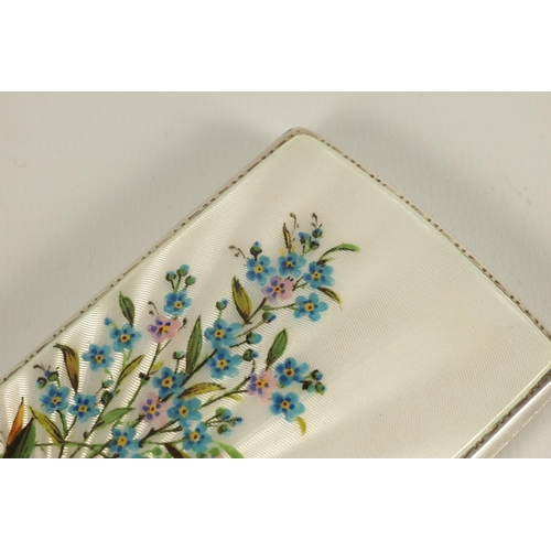 296 - A MID 20TH CENTURY SILVER AND GUILLOCHE ENAMEL LADIES CIGARETTE CASE decorated with blue forget-me-n... 