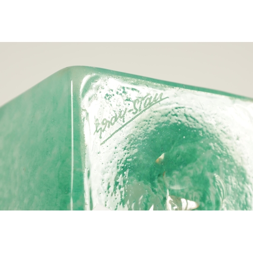 3 - A SIGNED 20TH CENTURY GREEN MARBLED GLASS VASE of square form, signature to base (32cm high)