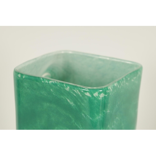 3 - A SIGNED 20TH CENTURY GREEN MARBLED GLASS VASE of square form, signature to base (32cm high)