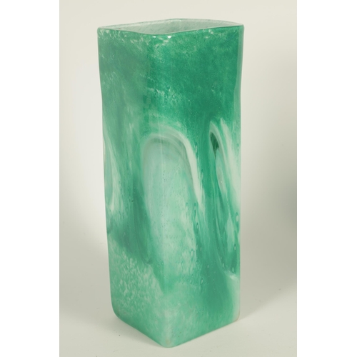 3 - A SIGNED 20TH CENTURY GREEN MARBLED GLASS VASE of square form, signature to base (32cm high)