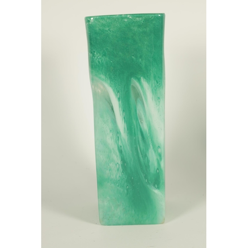 3 - A SIGNED 20TH CENTURY GREEN MARBLED GLASS VASE of square form, signature to base (32cm high)