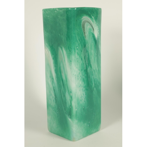 3 - A SIGNED 20TH CENTURY GREEN MARBLED GLASS VASE of square form, signature to base (32cm high)