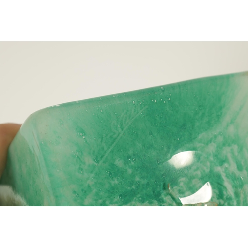 3 - A SIGNED 20TH CENTURY GREEN MARBLED GLASS VASE of square form, signature to base (32cm high)