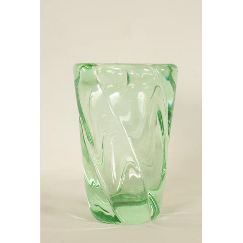 30 - A LARGE ART DECO DAUM TRANSLUCENT GREEN GLASS VASE of flared wrythen panelled form - signed Daum Nan... 