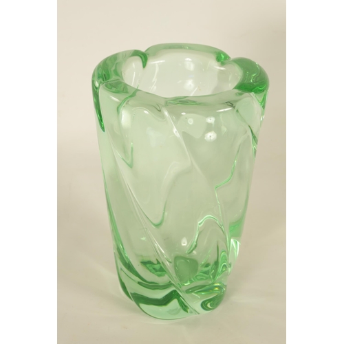 30 - A LARGE ART DECO DAUM TRANSLUCENT GREEN GLASS VASE of flared wrythen panelled form - signed Daum Nan... 