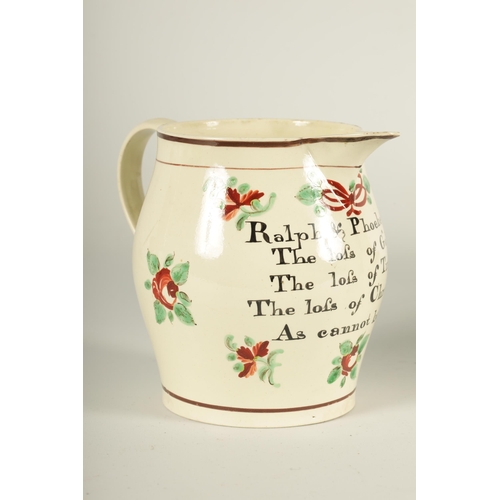 34 - AN EARLY 19TH CENTURY CREAMWARE PRESENTATION JUG of bellied form with flower head and leaf spray dec... 