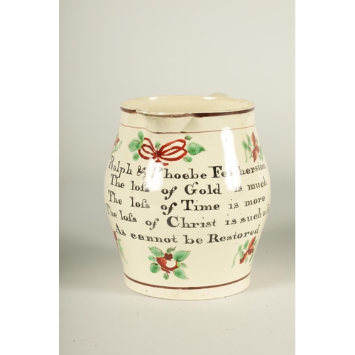 34 - AN EARLY 19TH CENTURY CREAMWARE PRESENTATION JUG of bellied form with flower head and leaf spray dec... 