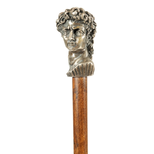 433 - A LATE 19TH CENTURY CONTINENTAL CAST SILVER MOUNTED FIGURE HEAD WALKING CANE realistically modelled ... 