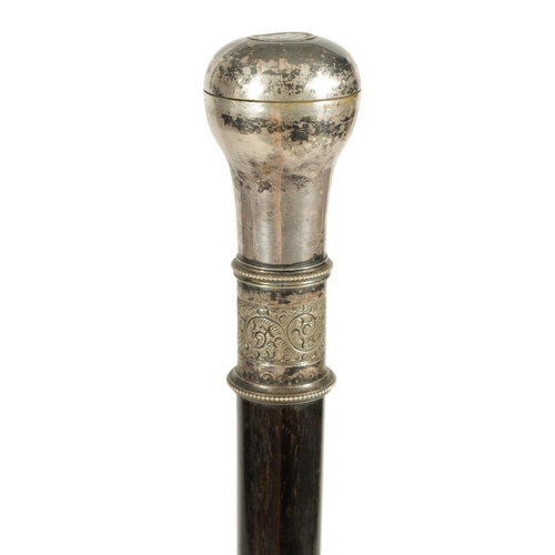 434 - A LATE 19TH CENTURY CONTINENTAL SILVER METAL MOUNTED EBONISED WALKING CANE the plain knop handle wit... 