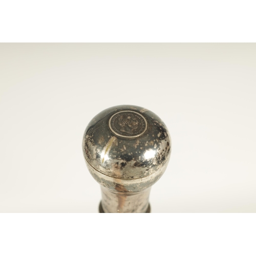 434 - A LATE 19TH CENTURY CONTINENTAL SILVER METAL MOUNTED EBONISED WALKING CANE the plain knop handle wit... 