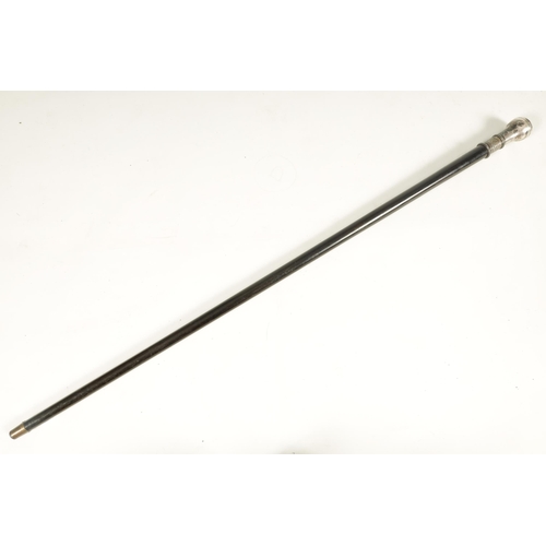 434 - A LATE 19TH CENTURY CONTINENTAL SILVER METAL MOUNTED EBONISED WALKING CANE the plain knop handle wit... 