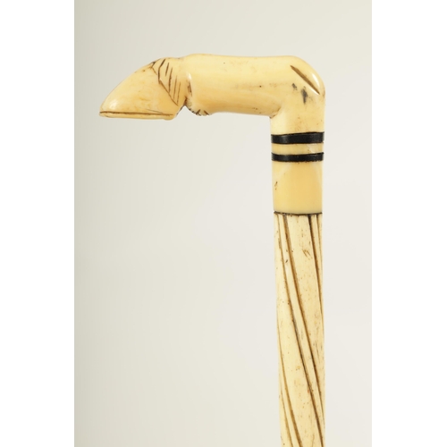 438 - A 19TH CENTURY WHALEBONE WALKING STICK with twisted shaft and hoof handle. (84.5cm overall )