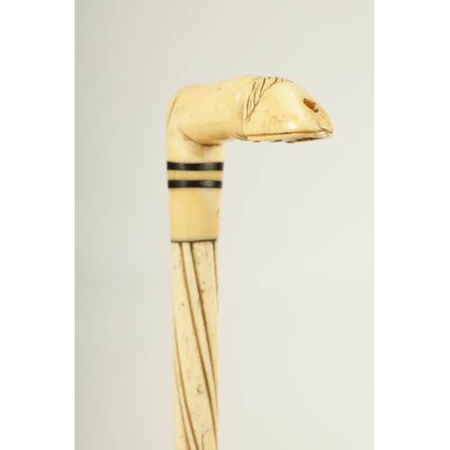 438 - A 19TH CENTURY WHALEBONE WALKING STICK with twisted shaft and hoof handle. (84.5cm overall )