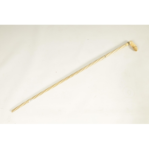 438 - A 19TH CENTURY WHALEBONE WALKING STICK with twisted shaft and hoof handle. (84.5cm overall )