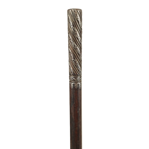 445 - A LATE 19TH CENTURY FRENCH ROSEWOOD AND SILVER PIQUEWORK WALKING CANE with swirl carved handle inlai... 