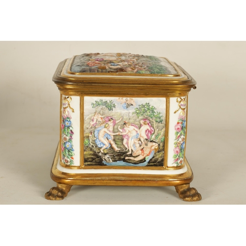 45 - A LARGE 19TH CENTURY ORMOLU MOUNTED CAPODIMONTE PORCELAIN TABLE CASKET of rectangular form, the hing... 