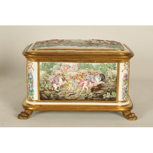 45 - A LARGE 19TH CENTURY ORMOLU MOUNTED CAPODIMONTE PORCELAIN TABLE CASKET of rectangular form, the hing... 