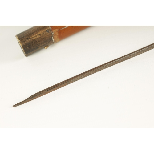 450 - A 19TH CENTURY EBONY HANDLED MALACCA SWORD STICK concealing a triform tapering steel blade (87cm ove... 