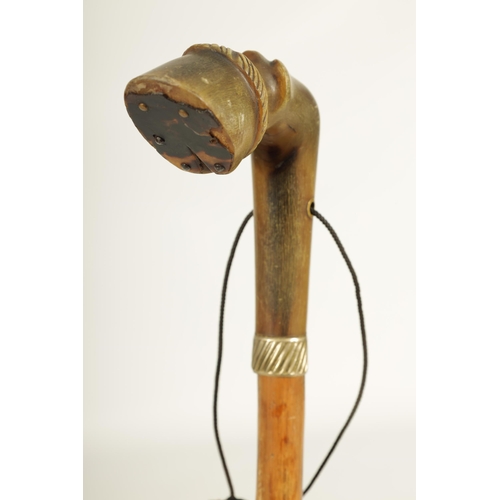 465 - A LATE 19TH CENTURY HOOF HANDLED MOUNTAINEERING STICK - POSSIBLY RHINO HORN well carved and depicted... 