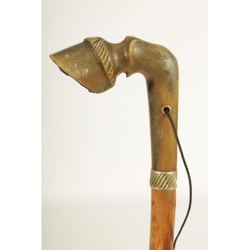 465 - A LATE 19TH CENTURY HOOF HANDLED MOUNTAINEERING STICK - POSSIBLY RHINO HORN well carved and depicted... 